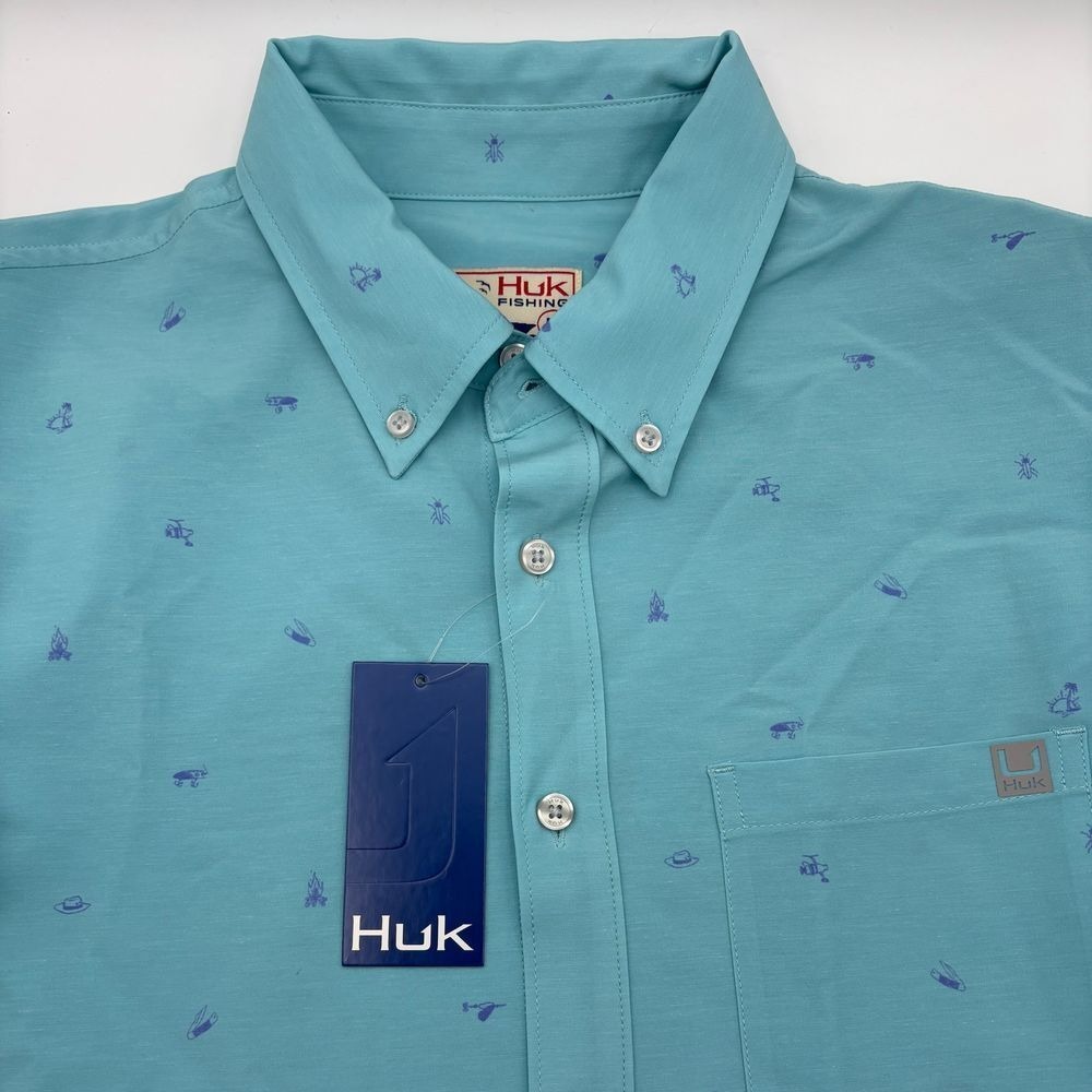 Huk Fishing Shirt Kona Scatter Button Up Short Sleeve Lures Aqua Teal Blue M